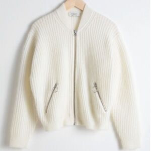 & OTHER STORIES Wool & Mohair Blend Knit Bomber Cardigan in Cream- Size L Large